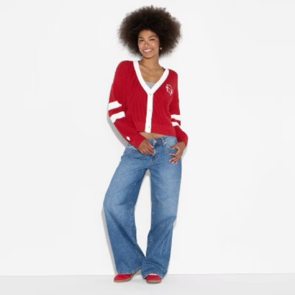 Wild Fable Red V-Neck Cardigan with White Trim Football Cardigan